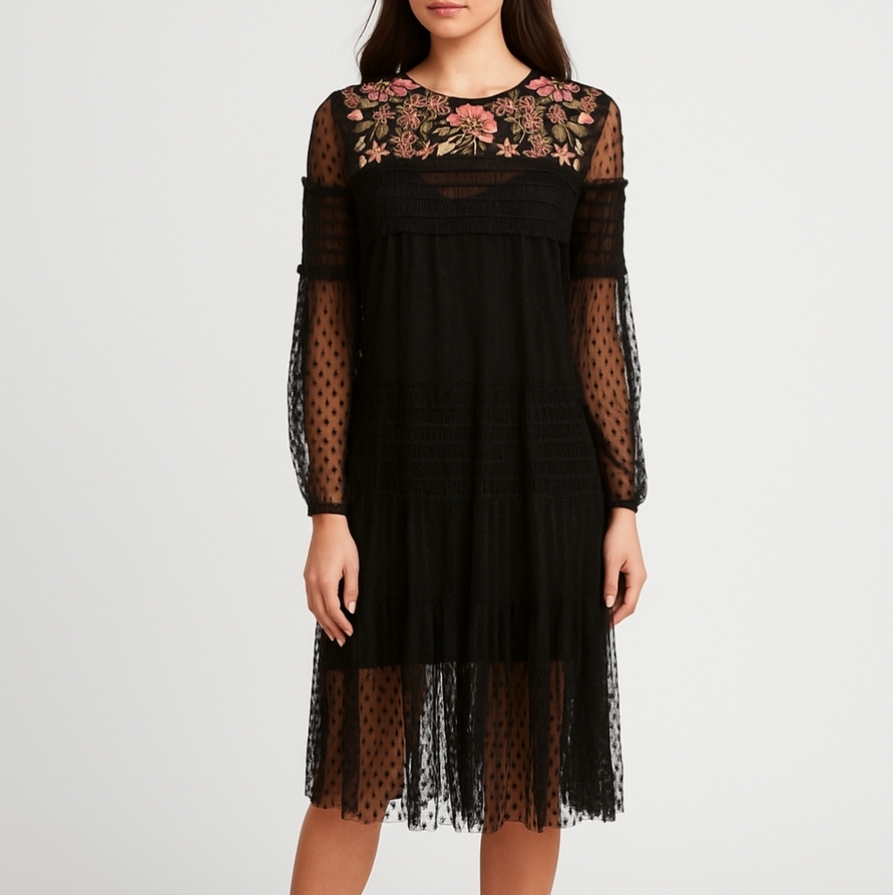Maeve | Anthropologie "Sarama" Black Embroidered Mesh Dress
